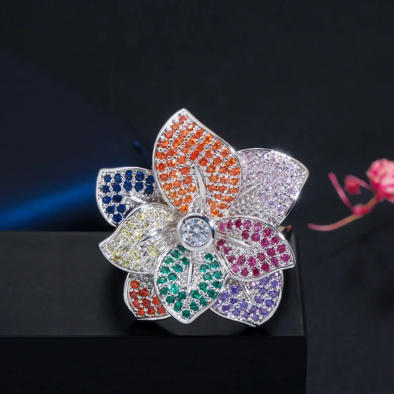 CWWZircons 3D Большой многоцветный цветок регулируемые Открытые Кольца для женщин черное золото кубический цирконий обручение Свадебные украшения R142