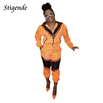 

Stigende Women Casual Patchwork Mesh Two Piece Workout Set Elegant Bodycon 2 Piece Fitness Set Zipper Jacket Coat and Pants Set