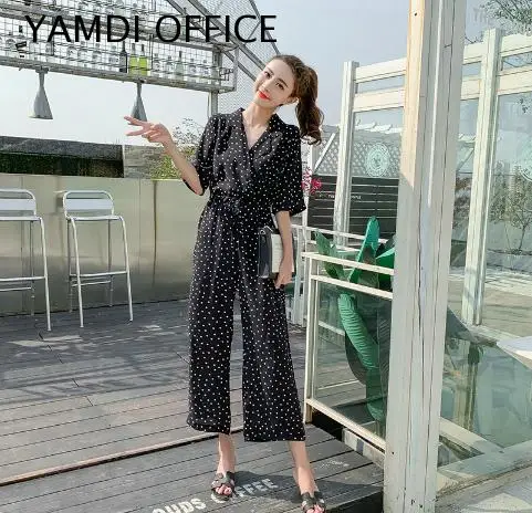 YAMDI женские костюмы Винтаж летнее шифоновое, с рукавами до локтя комбинезоны с принтом в горошек для маленьких девочек широкие черные Высокая Талия Тонкий Комбинезоны