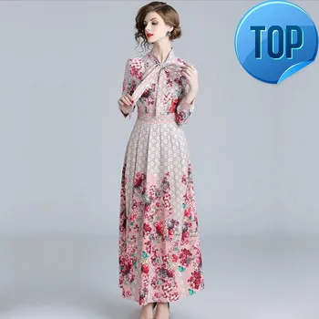 

Spring Summer 2020 Fall Runway Letter Floral Print Collar Ribbon Tie Neck Long Sleeve Women Party Casual Maxi Dress