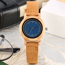 Элегантные женские модные деревянные часы с голубым циферблатом, тонкий кожаный браслет, бамбуковое дерево, кварцевые часы, женские наручные часы, Reloj Mujer, новинка