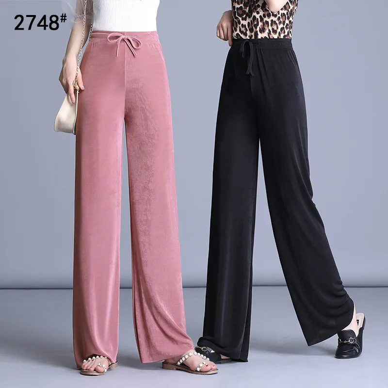 

Elastic Women Pants Summer Cool Ice Silk Lhigh Waist Wide Leg Loose Summer Girl Stretch Straight Casual Pants Trouser