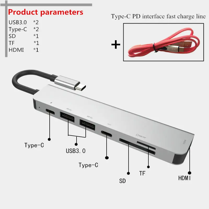 Grey PD line red USB C концентратор type C к Мульти USB 3,0 концентратор HDMI адаптер док-станция SD TF карта reade type C концентратор Suitab многопортовый разъем для телефонов P20 30 - Цвет: Grey PD line red