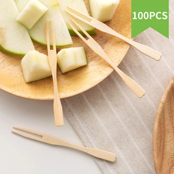

Mini Food PicksFruit Fork Dessert Bamboo Forks Kitchen Set Salad Snack Banquet Buffet Catering Two Prongs Blunt 100PCS