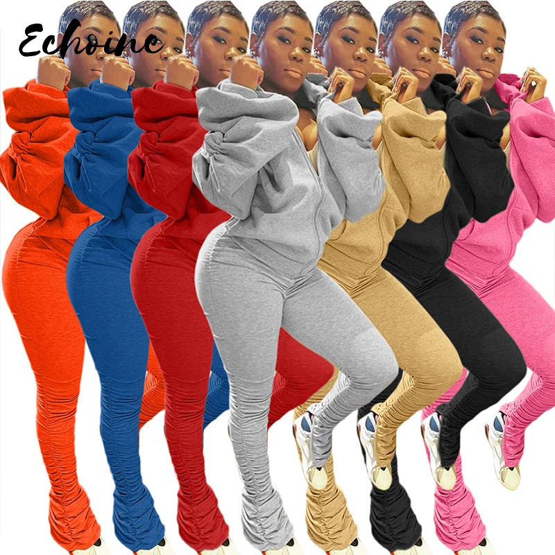 

Two Piece Set Women's Bubble Sleeve Backless Hooded And Pleated Split Pants Suit Tracksuit Autumn Sports Casual Fitness Outfits