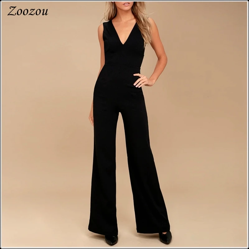 

Fashion Sexy Sleeveless Women Jumpsuits Elegant Backless Evening Party Jumpsuits Wide Leg Deep V Floor Length jumpsuit Custom