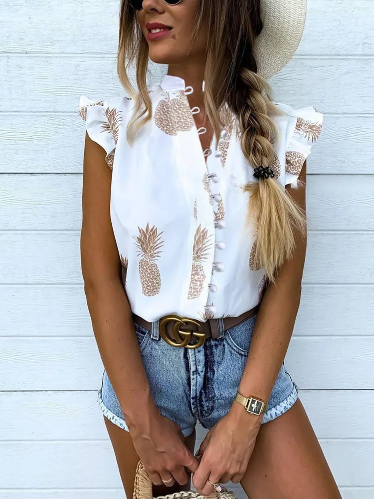 

Pineapple Print Flutter Sleeve Womens Tops and Blouses