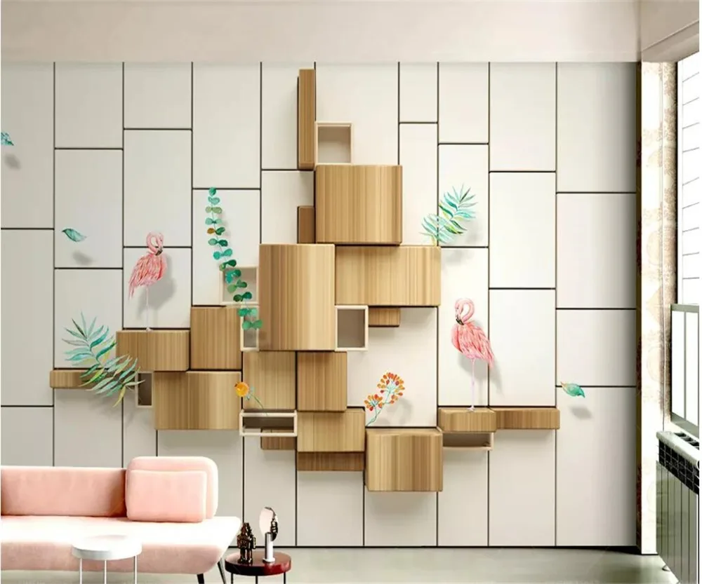 

Drop Shipping Custom Wallpaper Photo Mural Small Fresh 3d Wood Grain Flamingo Stitching TV Background Wall Papers Home Decor 3d