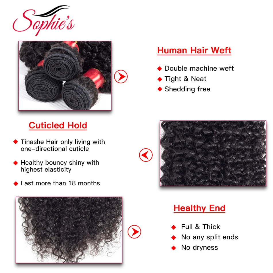 Sophie's Peruvian Hair Bundles Kinky Curly Hair Bundles Non-Remy Human Hair Bundles With Closure Double Weft Hair Extension