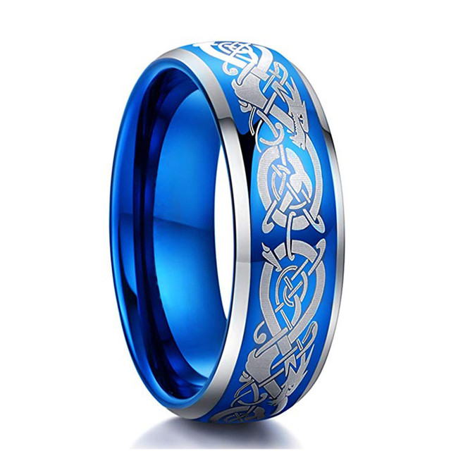 Gold Color Tungsten Wedding Band for Men Dragon Ring Green Blue Carbon Fiber Inlay Polish Finish Beveled Edges Comfort Fit