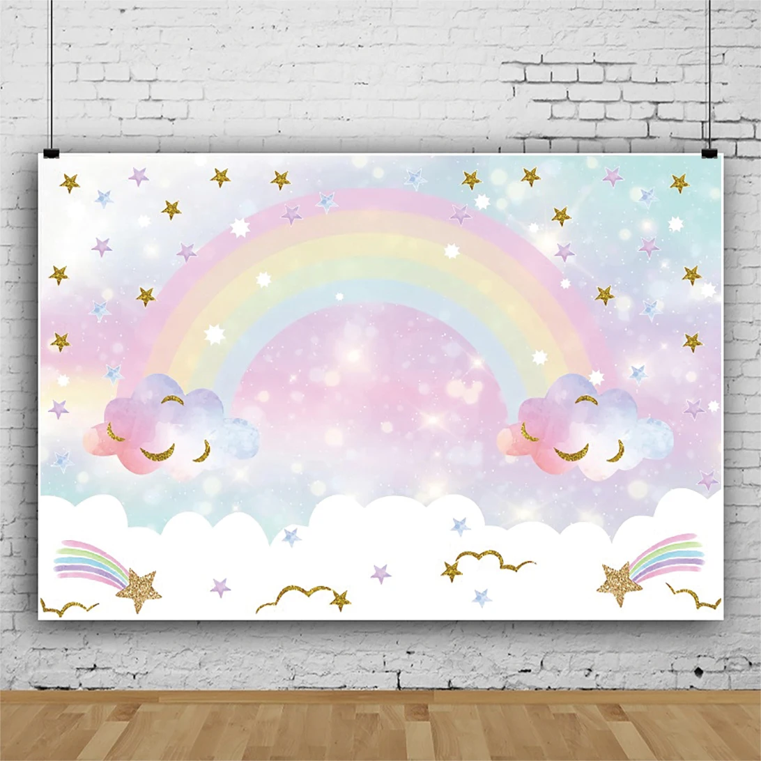 

Laeacco Rainbow Gold Dots Star Glitters White Clouds Customize Banner Poster Baby Portrait Photo Background Photography Backdrop