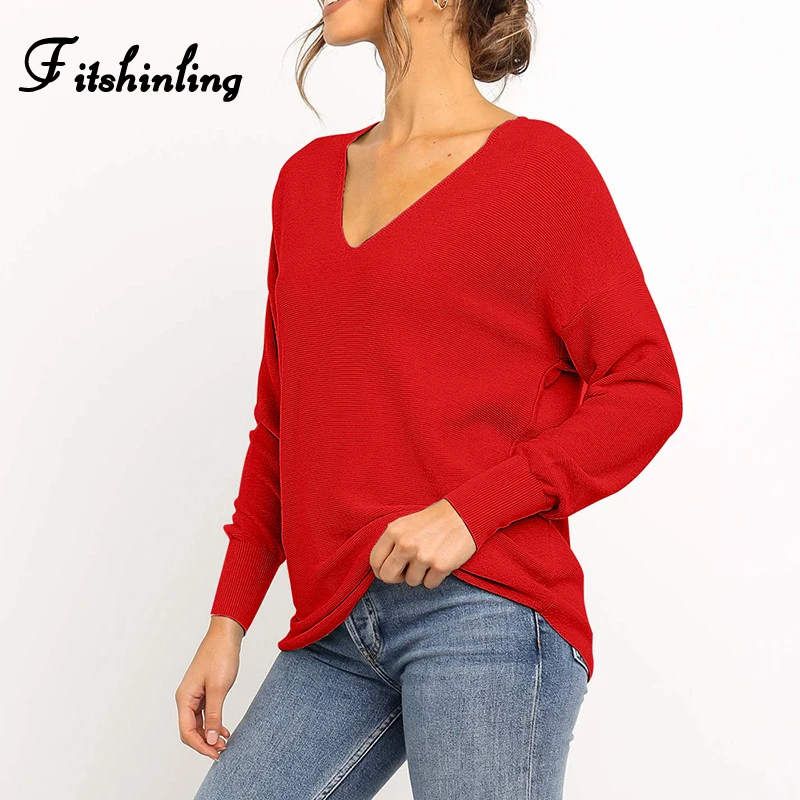 

Fitshinling V Neck Basic Sweaters For Women Autumn Winter Long Sleeve Solid Pull Femme Knitted Jumper Boho 2019 Pullovers Sale
