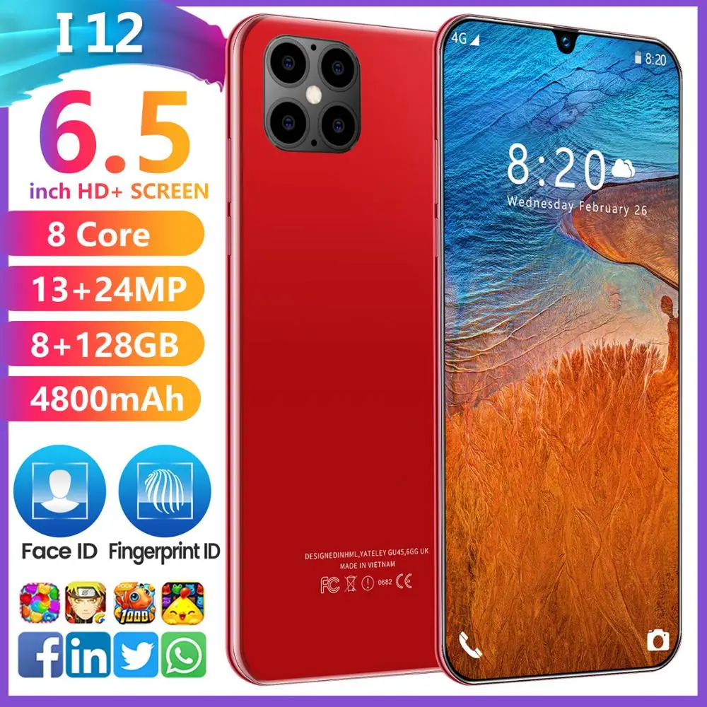 Global Version IP12 13MP Front 24MP Rear Camera Octa Core 8GB+128GB Mobile Phone 6.5' Waterdrop 4800mAh 5G Smartphone Free Ship