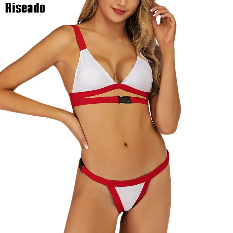 

Riseado New Sexy Thong Brazilian Bikinis Push Up Swimwear Women Mirco Bikinis Solid Bandage biquini Summer Beach Wear