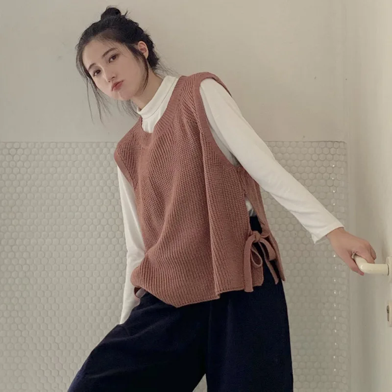 Осенний женский свитер жилет harajuku женский элегантный студенческий пуловер со шнуровкой вязаный Топ Верхняя одежда жилет