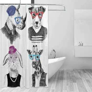 

Shower stall Curtains Animal Modern Woman Bodied Rabbit with Pearls Dog Giraffe Bison with Grunge Graphic Shower Curtain Rustic