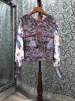 

2020 Early Autumn New Women's V-neck Printed Pattern Color Matching Long Sleeve All-match Shirt 731