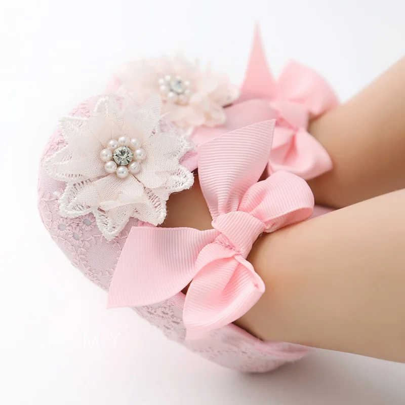 Spring Autumn Infant Baby Girls Shoes Cotton Fabric Sweet Lace Flower Ribbon Pearl Bowknot Princess Shoes+Floral Headband