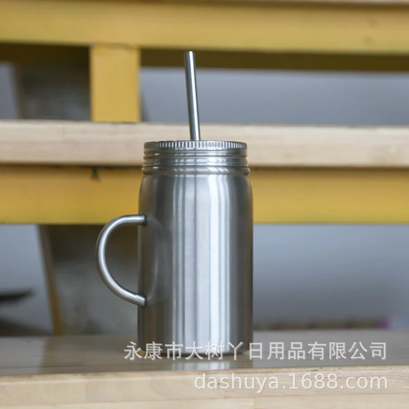 

Europe And America Hot Sales 500ml Mason Cup with Straw Juice Cup Office Stainless Steel Handle Insulated Cup