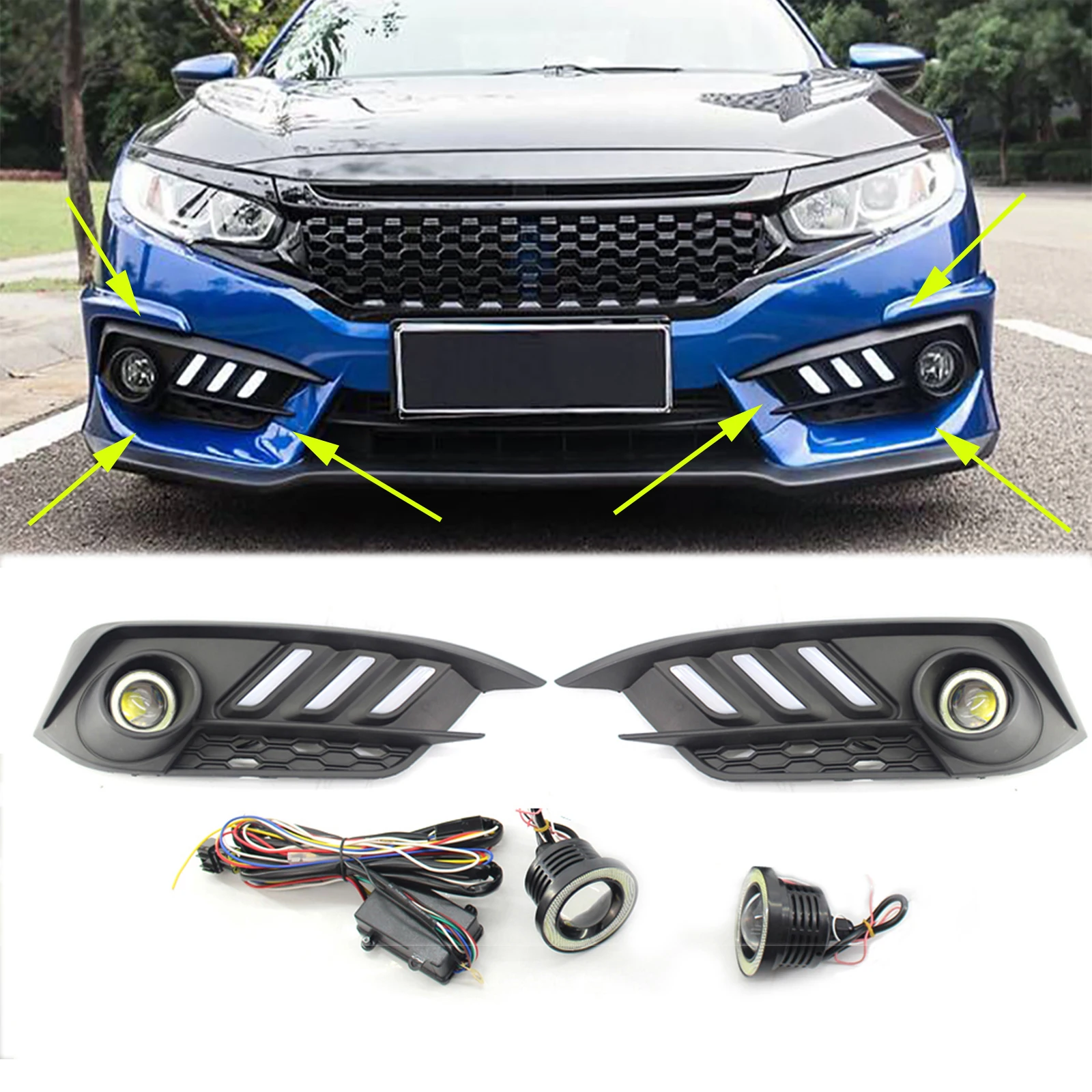 

Fog Light Grill Cover With LED DRL Daytime Running Light Angel Eye Foglamp For Honda Civic Mustang 10th Sedan 2016-2018 Car Part