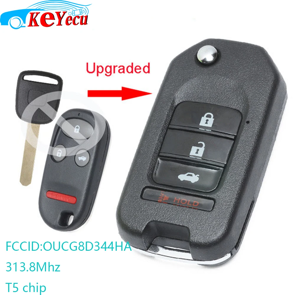 

KEYECU Upgraded Flip Remote Car Key Fob 3+1 Button T5 Chip for Honda 2002-2004 CR-V 313.8MHZ FCC ID: OUCG8D344HA
