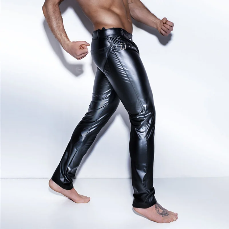 Men Pants PU Leather Lingerie Hollow Out Leggings Fitness Pencil Pants Stage Party Trousers Exotic Dancewear Gay Fetish Leggings