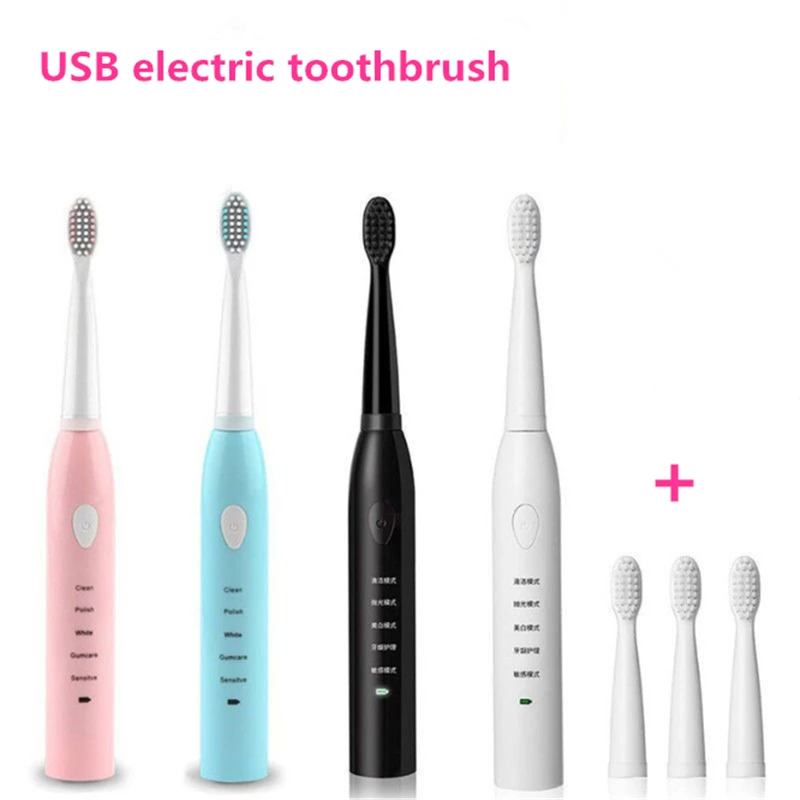 

USB Electric Toothbrush Rechargeable Automatic Tooth brush Sonic Waterproof Cleaning Toothbrush with 4 Replacement Head