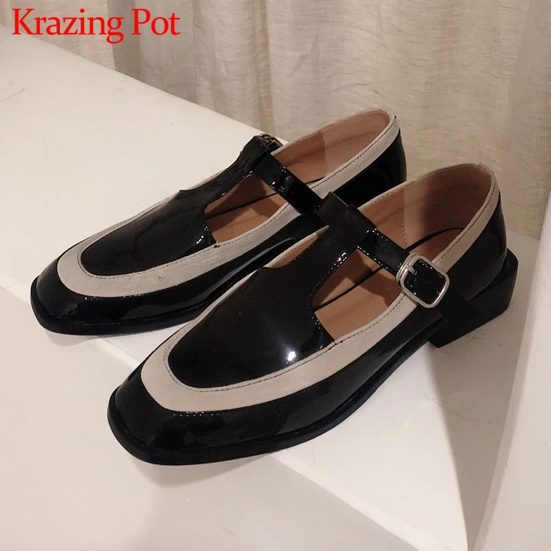 Krazing Pot/Интернет-звезда; Разноцветные винтажные туфли из натуральной кожи; женские весенние туфли-лодочки на среднем каблуке с круглым носком и ремешком на пряжке; L17