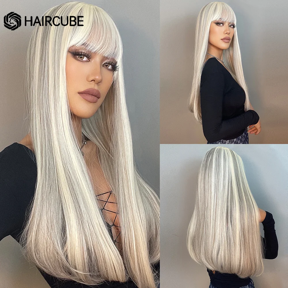 Louras de Platina Perucas com Franja para as Mulheres Resistente ao Calor do Cabelo Perucas Sintéticas Reta Longa Natural Procurando Cosplay Diárias 3 natural procurando perucas com franja para as