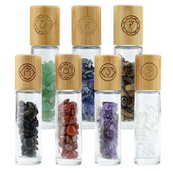 

Eco-friendly bamboo 10ML glass roll on perfume bottle with bamboo lids,10pcs gemstone rollers ball eye cream massage oil bottle