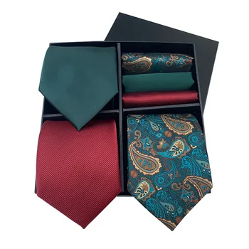 

3Sets/Lot Solid Paisley Red Green Blue Black Silk Tie Handkerchief Mens Wedding Business Necktie Pocket Square Set A094 No Box