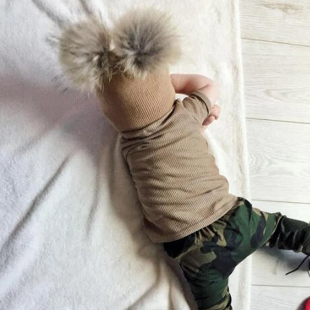 Baby Winter Warm Wool Knitted Beanie Hats Caps Kids Two Fur Pom pom Bobble Ball Beanies Girls Boys Children Hat Cotton Soft Cap 3