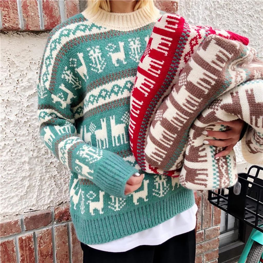 Merry Christmas Sweater Women Winter Xmas Knitted Pullover Female Snow Patterns Dot Print Long Sleeve Jumper | Женская одежда