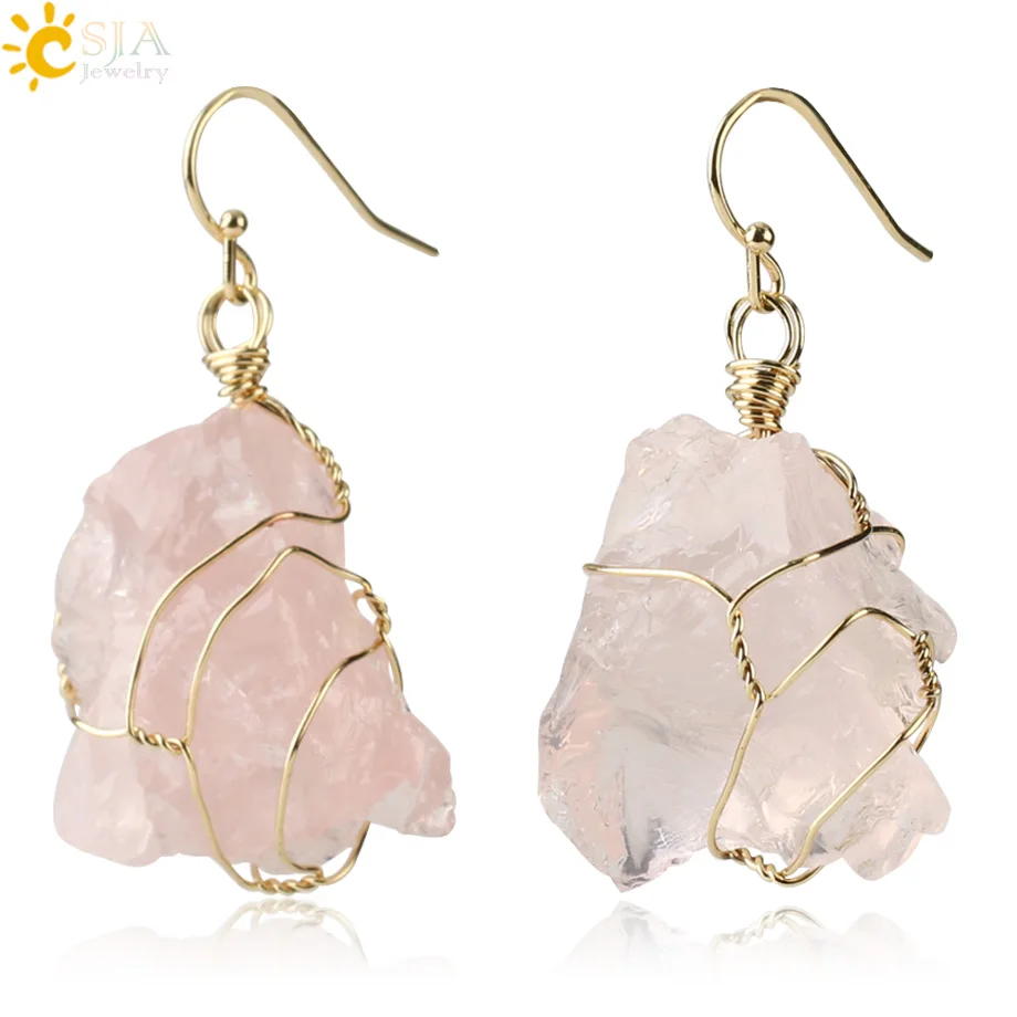Rose Quartz CSJA, серьги-капли из натурального камня, несимметричный кристалл, золотой цвет, проволока, асимметричные подвески для женщин, модный подарок для ювелирных изделий G328 - Окраска металла: Rose Quartz