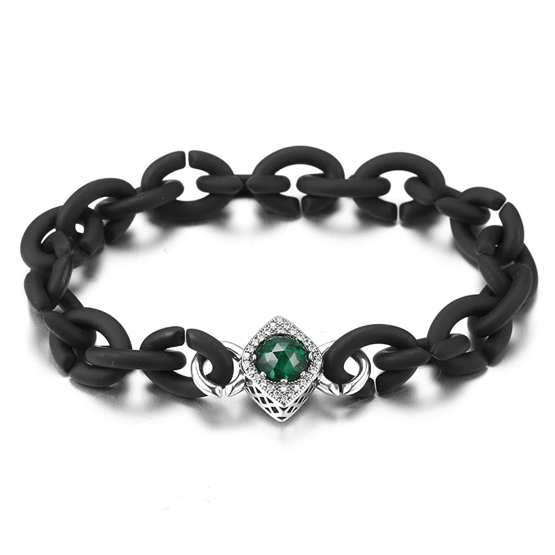 925 Sterling Silver Square Green Zircon charm Beads Black Hard Rubber X Bracelets For Women Accessories Jewellery Fashion gift