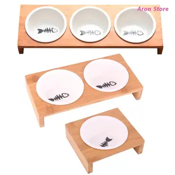 

Elevated Pet Bowls, Raised Dog Cat Feeder Solid Bamboo Stand Ceramic Food Feedin