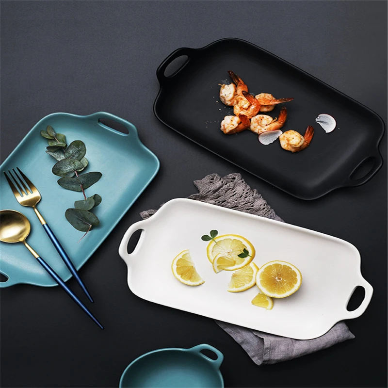 

European Retro Salad Tray Home Ceramic Baking Plate With Handle Rectangular Dessert plate Home Tableware Dish Kitchen Supplies