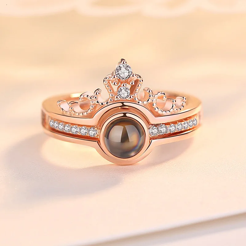 2 в 1 кольцо с короной, кольцо из стерлингового серебра S925 пробы, 100 языков, Проецирование I Love You, кольца для мужчин, женщин, девушек, влюбленных с подарочной коробкой