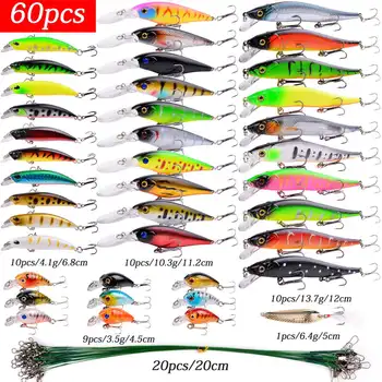 

60Pc Leader Wire Spoon Lures Spinner Bait Set Minnow Crankbait Fishing Lure Sets Floating Deep Fishing Tackles Equipment Kit