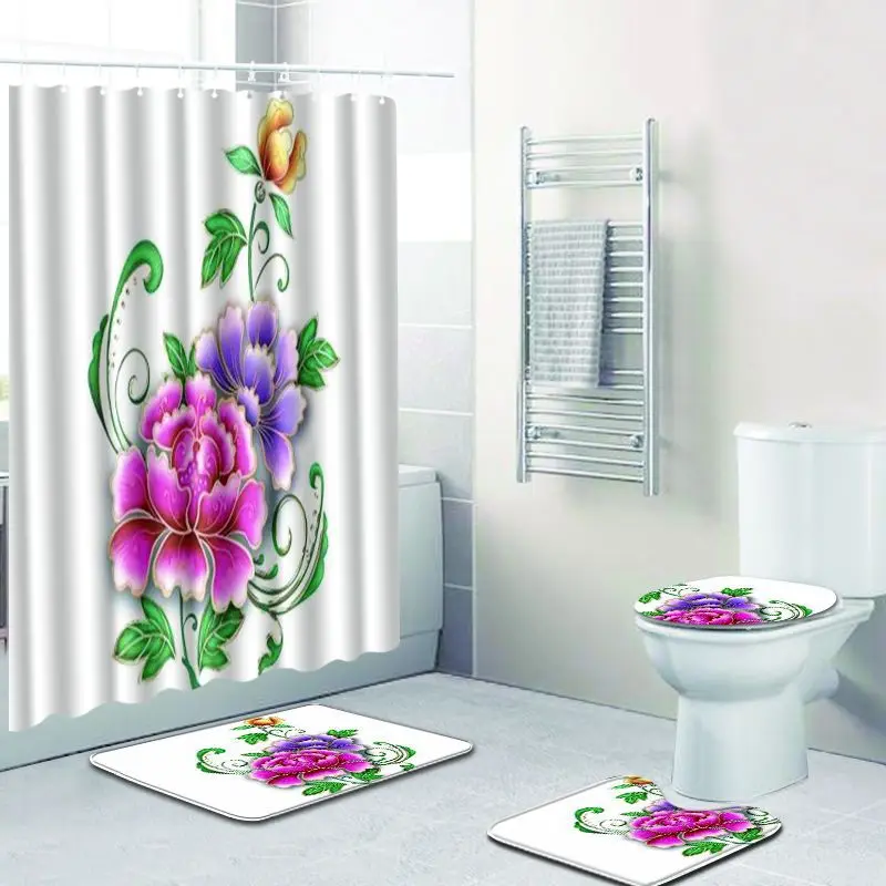 

Art Painting Flower Print Waterproof Shower Curtain Modern Solid Polyester Fabric Washable Toilet Seat Cover Pad Bath Mat Home