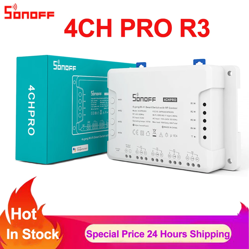 Sonoff 4Ch Pro R3, Wifi Intelligente Interruttore Di 433Mhz Rf Interruttore Della Luce Wifi 4 Gang 3 Modalità Di Lavoro Impulsi Interlock Smart Home, 