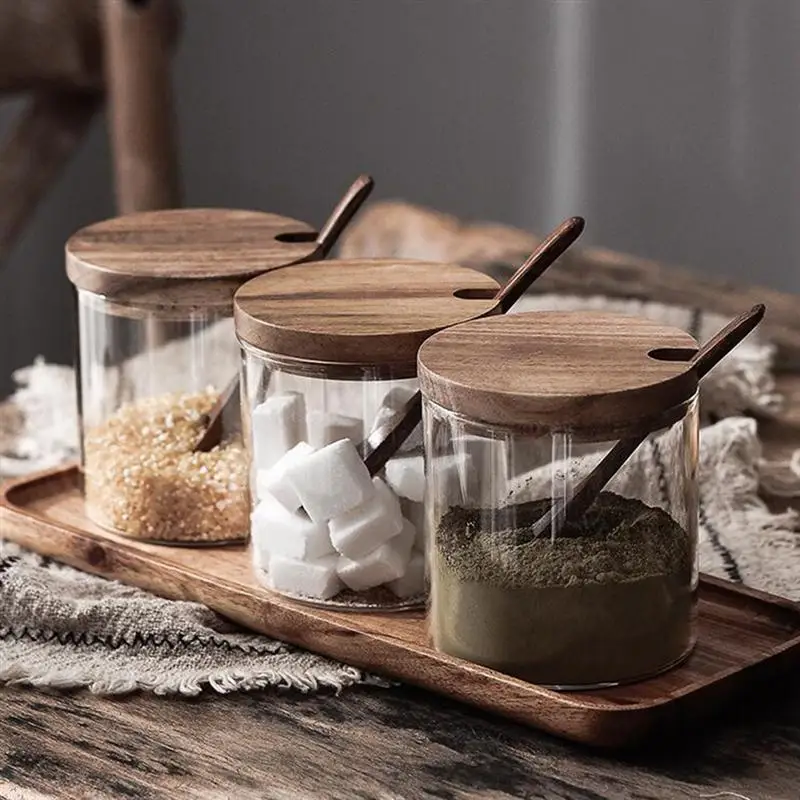 1pc Kitchen Seasoning Storage Tank Nordic Style Glass Salt Container Sugar Bowl With Lid And Spoon Spice Jar | Дом и сад