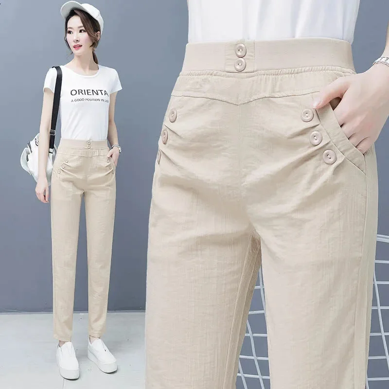 Women Ice Silk Cotton Linen High Waist Trousers 2024 Female spring New Style Loose Thin Fashion Casual Straight Harem Pants A403