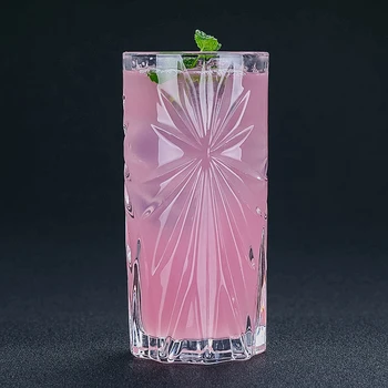 

300-400ml Carved Whiskey Wine Glass Collins Cup Long Drink Cocktail Glass Haibo Juice Cup Drink Bar Family Glassware Flat Mug