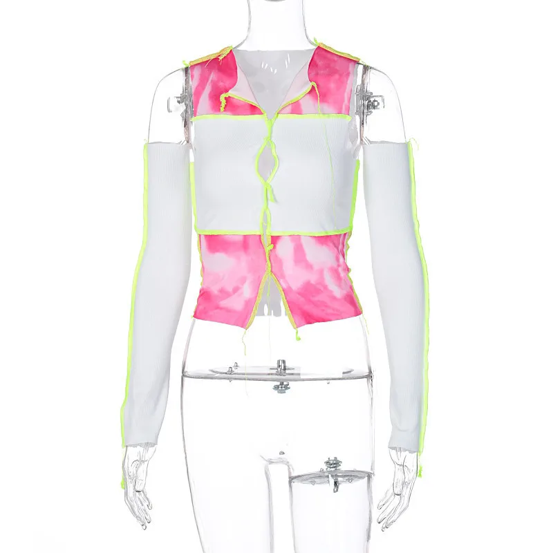 Reverse Design Long-sleeved Tie-dye Hollow Top For Women Thin V-neck Slim Short T-shirt High Street Hip-hop Street Wear