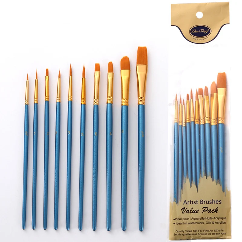 Juego de pinceles con mango de madera, set profesional de 10 pinceles con pelo de nailon para pintar con acuarela y pintura acrílica