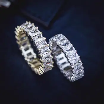 

D&Z Baguette Rings in yellow & white gold 1 Row Solitaire Tennis Ring Copper Charm Iced Out Ring Fashion Hip Hop Jewelry