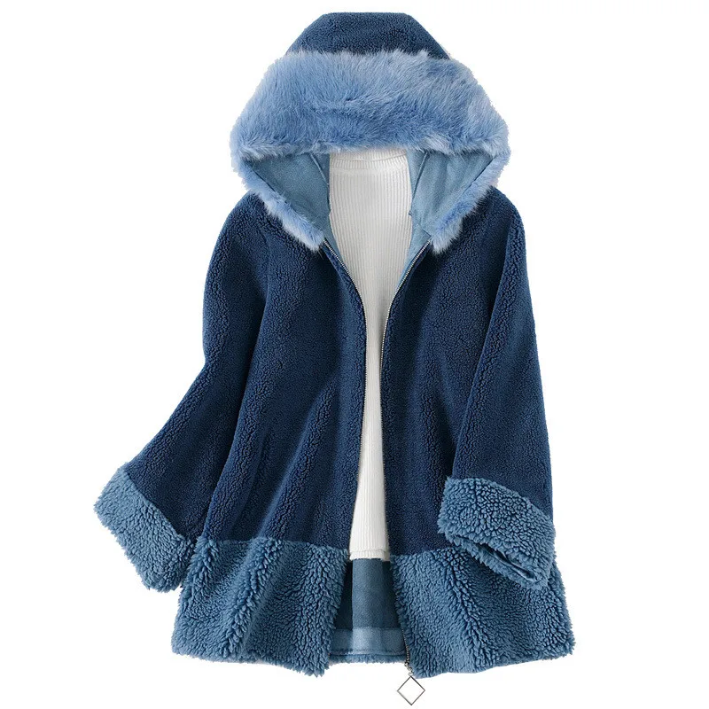 Зимнее пальто из искусственного меха женские утепленные куртки и пальто из овечьей шерсти с капюшоном Женская длинная верхняя одежда высокого качества W1147 - Цвет: Blue