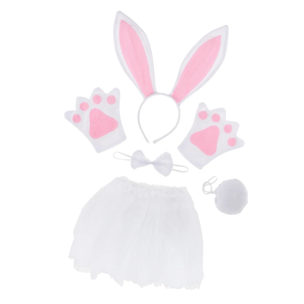 Easter Girls Women Birthday Pink White Rabbit Costume Set Ear Headband TUTU Skirt Bowtie Gloves Tail Fancy Dress Outfit