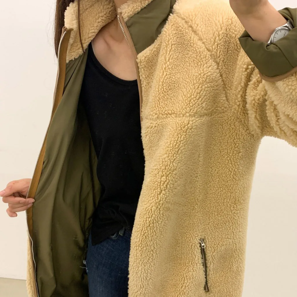 Manteau femme hiver зимнее женское пальто из овечьей шерсти с бархатным воротником, куртка на молнии и цветной длинный Тренч, пальто из искусственного меха fourrure